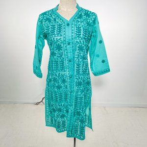 Vintage 70s S Boho Embroidered Tunic Dress Green